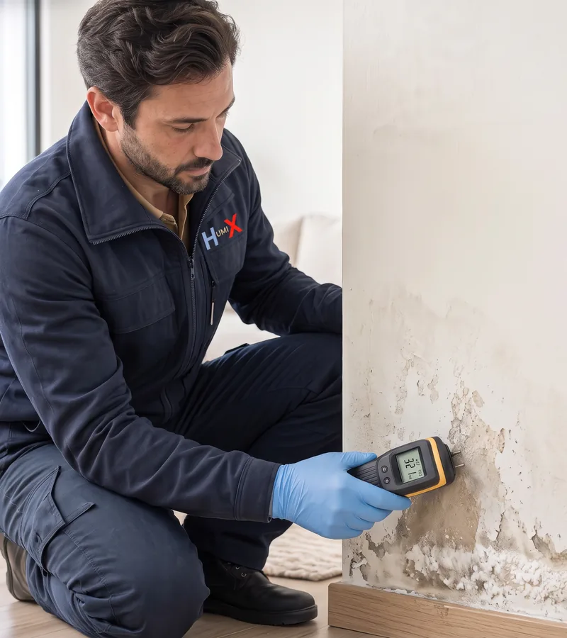 Rising damp and blown plaster at the bottom of a wall in Birmingham